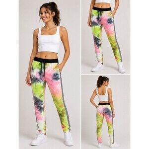 Girls Tie Dye Leggings Side Stripe Athletic Stretch Pants Colorful Activewear L